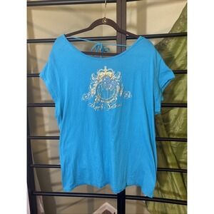 VTG Apple Bottoms Women's Top Y2K Blue Gold Rhinestones Tie Back Size 2XL